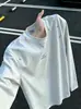 Camiseta de Manga Longa Bordada Desconstruída com Flor Branca Cinza Masculina Outono Marca Tendência Ombro Normal Moletom Gola Redonda Solta Camada Interna Camada Base