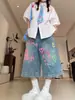 Jeans Cortos con Estampado de Graffiti de Colores para Mujer, Shorts de Verano Estilo Americano a la Rodilla, Tallas Grandes para Mujeres Curvilíneas