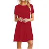 Roupas Femininas Transfronteiriças Europeias e Americanas Amazon Manga Curta Tamanho Grande Cor Sólida Gola Redonda Vestido Longo Camiseta para Mulheres com Design de Cor Contrastante para o Trabalho