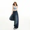 Jeans Laranja Infantil com Padrão Bigode de Gato, Design Lavado, Perna Larga para Mulheres, Caimento Solto, Emagrecedor, Moderno, Versátil, Calças de Comprimento Total.