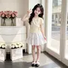 Conjunto de Verão para Crianças Grandes Estilo Coreano Suave Saia Bolo com Laço e Renda Cor Sólida Manga Curta Fofo Doce Conjunto de Duas Peças