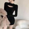2024 início da primavera novo vestido feminino slim-fit oco fora de malha saia design preto interior sexy hip saia