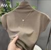 Nova Estilo Outono Inicial 2025 Camiseta Feminina Manga Curta Gola Alta Pequena Camisa Fashion para Camada Interna com Mangas Volumosas Top Curto