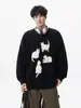 Suéter Tricotado Jacquard Gatinho Desenho Animado Gola Redonda Masculino Outono e Inverno Estilo Preguiçoso Americano Top Pulôver Solto