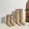 Botas de Cuero Suave de Media Pantorrilla con Borlas y Pliegues para Mujer, Tacón Grueso, Botas de Jinete Retro, Otoño/Invierno, Venta al por Mayor de Fábrica, Dropshipping Botas para Mujer