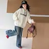 Conjunto de Primavera y Otoño para Niñas 2026 Nuevo Casual Estilo Coreano Sudadera con Capucha Estampado de Letras con Conjunto de Jeans