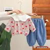 Traje de Niña Estilo Nuevo Moda de Academia Cardigan con Solapa 2025 Abrigo Ropa para Bebé Niños Conjunto de Tres Piezas Lindo