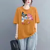 Fornecimento Transfronteiriço Camiseta de Manga Curta 100% Algodão Estampa Floral 2026 Verão Novo Estilo Europeu Tamanho Grande Elegante Soltinho