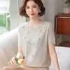 Camiseta de Seda Gelo de Manga Curta para o Verão da Mamãe Conjunto Elegante de Tops Pequenos para Mulheres de Meia-Idade e Idosas Conjunto de Tricô Fino com Gola Redonda para o Verão