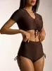 Traje de baño de dos piezas transfronterizo 2027, color liso, cordón, manga corta, cintura alta, estilo europeo y americano, venta al por mayor para Amazon, trajes de baño para mujer de comercio exterior