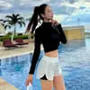 Traje de baño para mujer 2025 Nuevo Coreano Dividido Manga Larga Protección Solar Deportivo Conservador Cintura Alta Cubre Vientre Aspecto Adelgazante Traje de Baño de Tres Piezas