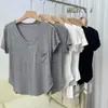 Camiseta de algodón modal con cuello en V para mujer, estilo coreano, holgada, de verano, de longitud media, informal, de manga corta