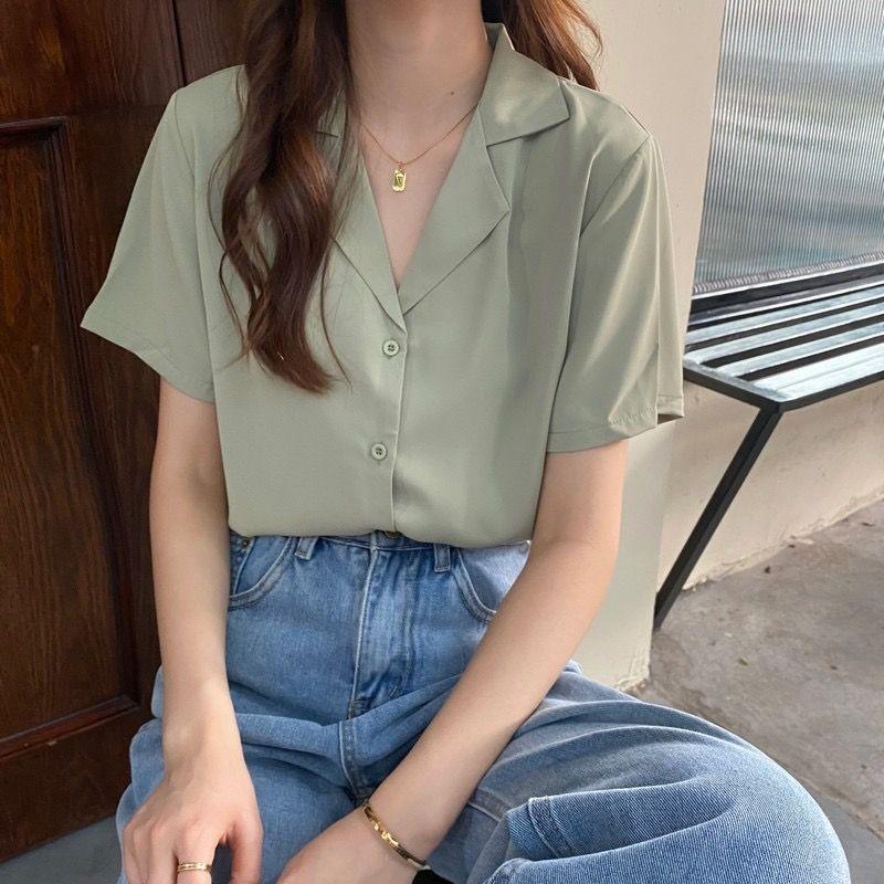 新款夏季百搭西装领宽松学院风淡绿色短袖衬衫外穿上衣女_淡绿色
