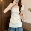Suéter Tricotado de Manga Curta com Gola Quadrada Estilo Ocidental Feminino Verão Tricotado Novo Ajuste Slim Emagrecimento Curto com Cordão Camiseta Top