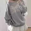 Moletom Cinza Estilo Preguiçoso Chic Coreano com Ombro Caído para Mulheres Outono e Inverno Laço de Renda Estilo Suave Top de Manga Longa com Forro de Lã
