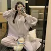 Novo Estilo Outono 2026 Peças Pijama de Algodão Cardigan Feminino Desenho Ins Estilo Coreano Manga Longa Calça Longa Conjunto de Roupa para Casa