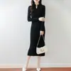 Elegante e na Moda Feminino Lã Pura Novo Casaco Vestido de Tricô Francês Slim-Fit Cor Sólida Vestido Suéter