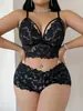 Europeu e Americano Transfronteiriço Amazon Plus Size Renda Ajustado ao Corpo Sutiã Camisola Transparente Sedutor Conjunto de Lingerie Roupa de Dormir para Mulheres