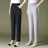 Pantalones Casuales de Hilo de Hielo de Dos Tonos de Cáñamo Estilo Chino de Nueve Puntos Verano Adelgazantes de Cintura Alta para Mujer de Mediana Edad Primavera y Otoño