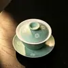 Juego de té Dehua azul pintado a mano, gaiwan de tres piezas, juego de té kung fu, cuenco de té para el hogar de alta gama, cuenco de preparación de té premium para uso doméstico