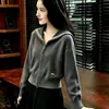 Outono/Inverno 2026 Novo Estilo Coreano Gola Azul Marinho Cardigã de Tricô Suave Zíper Duplo Macio Casaco Suéter Solto
