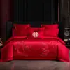 Juego de Cuatro Piezas de Boda Dragón y Fénix de Gama Alta, Funda de Edredón Roja de Algodón Lavado Bordado, Ropa de Cama Lujosa y Elegante