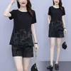 Roupa esportiva casual nova de verão 2024 para meninas plus size gordinhas, conjunto de duas peças estiloso de manga curta solto que cobre a barriga para mulheres