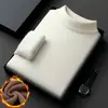 Suéter de Lã Inteiriço Masculino de Inverno Anti-Pilling com Gola Semi Alta Cor Sólida Camada Interna Com Pelúcia Adicional Espesso e Quente Camisa Base de Tricô