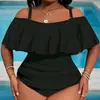 Traje de baño de una pieza Langxin 2026 Nuevo estilo europeo y americano Talla grande para mujer con volantes y diseño de hombros descubiertos, Traje de baño transfronterizo de Amazon