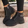 Nuevas botas cortas de tacón grueso para otoño e invierno, botas de mujer con cordones y punta redonda, botas cortas de tacón alto grueso de material gamuza