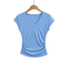 Camiseta de Manga Curta com Decote em V para Mulheres 2026 Verão Novo Estilo Simples e Versátil Elegante Cintura Marcada Afinando Top