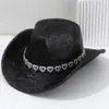 Sombrero de Vaquero Occidental con Cadena de Pedrería en Forma de Corazón, de Gran Circunferencia de Cabeza, Sombrero de Otoño de Alta Gama para Mujer, Sombrero de Novia con Lentejuelas