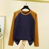 Camisa Básica Raglan Color Block Patchwork Moda Outono Inverno Térmica Gola Redonda Manga Longa Versátil Simples Casual Top