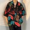 Estilo Japonês Estilo Japonês Hong Kong Estilo Verão Camisa Floral de manga curta Masculino Retrô Puffy bonito Havaí Praia Casaco Fino Solto para Casal