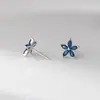 Brincos de Flor de Cinco Pétalas com Diamante Azul em Prata de Lei S925 Nalan Estilo Coreano Brincos de Flor Frescos e Artísticos para Mulheres E8018