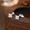 Pendientes de Botón de Circonita con Diamantes Completos de Cuatro Hojas para Mujer Plata de Ley 999 Estilo Coreano ins Diseño de Nicho Cuidado de Perforaciones Oreja Pendiente de Plata