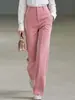 Pantalones de pierna ancha a rayas de cintura alta, tela texturizada a rayas verticales, decoración de hebilla dorada, pantalones casuales que alargan las piernas