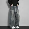 Jeans estilo americano de perna reta com forro de fleece para homens, calça grossa para outono e inverno, marca de moda unissex high street, corte solto, tamanho grande