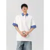 Camisa Polo de Manga Curta com Gola Xadrez Verão Masculino Faggot Bonito Tendência Marca Costura Meia Manga Casual Solta Camiseta