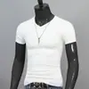 Camiseta de manga corta para hombre para primavera y verano, cuello en V, camiseta blanca de color liso, corte ajustado, manga larga, camiseta fina de capa base para primavera