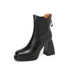 Botas Curtas de Couro Genuíno Impermeáveis com Plataforma e Salto Alto Estilo Europeu e Americano para Mulheres Outono e Inverno Bico Quadrado Salto Grosso Elástico Solado Grosso Botas Chelsea