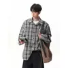 Camisa Jacket de Cuadros Azules Americanos de Manga Larga para Hombre Marca de Moda Otoño Nuevo Holgada Estilo Universitario Versátil Casual