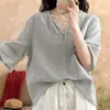 Camisa de Lino y Algodón de Color Sólido con Cuello en V Pulóver Literario de Gama Alta para Mujer Top Holgado Versátil Camisa Corta Pequeña