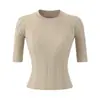 Top de Punto Acanalado de Manga Media con Cuello Redondo Pequeño, Nueva Moda de Verano Versátil Elástico Ajustado Corto Camisa Base Lisa de Color Sólido