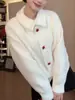Cardigã suéter branco de bolinhas retrô estilo coreano soltinho de gola alta para mulheres, versátil elegante para primavera e outono estilo Harajuku