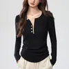 260g Tencel Lyocell Diseño Rayas Camisa Básica de Manga Larga para Mujer Cintura Fruncida Botón Camiseta de Contraste