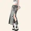 Saia Longa Jeans Irregular de Meio Comprimento com Fenda Feminina Verão Nova Cintura Alta Evasê Quadril Cauda de Peixe Emagrecedora