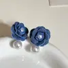 Pendientes de Tela de Mezclilla Azul Transfronterizos con Perlas y Camelia, Estilo Vintage de Alta Gama, Elegantes Pendientes Estilo Ins para Mujer al por Mayor