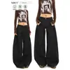Diseñados con una Silueta Elegante, Jeans Scimitar Negros de Tiro Bajo para Mujer, Pantalones Casuales Versátiles de Pierna Ancha Sueltos Estilo Retro Americano