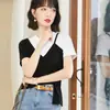 Foto Real2026 Verão Novo Estilo Patchwork Preto Falso Duas Peças Ombro Normal Camiseta Senso de Design Irregular Top